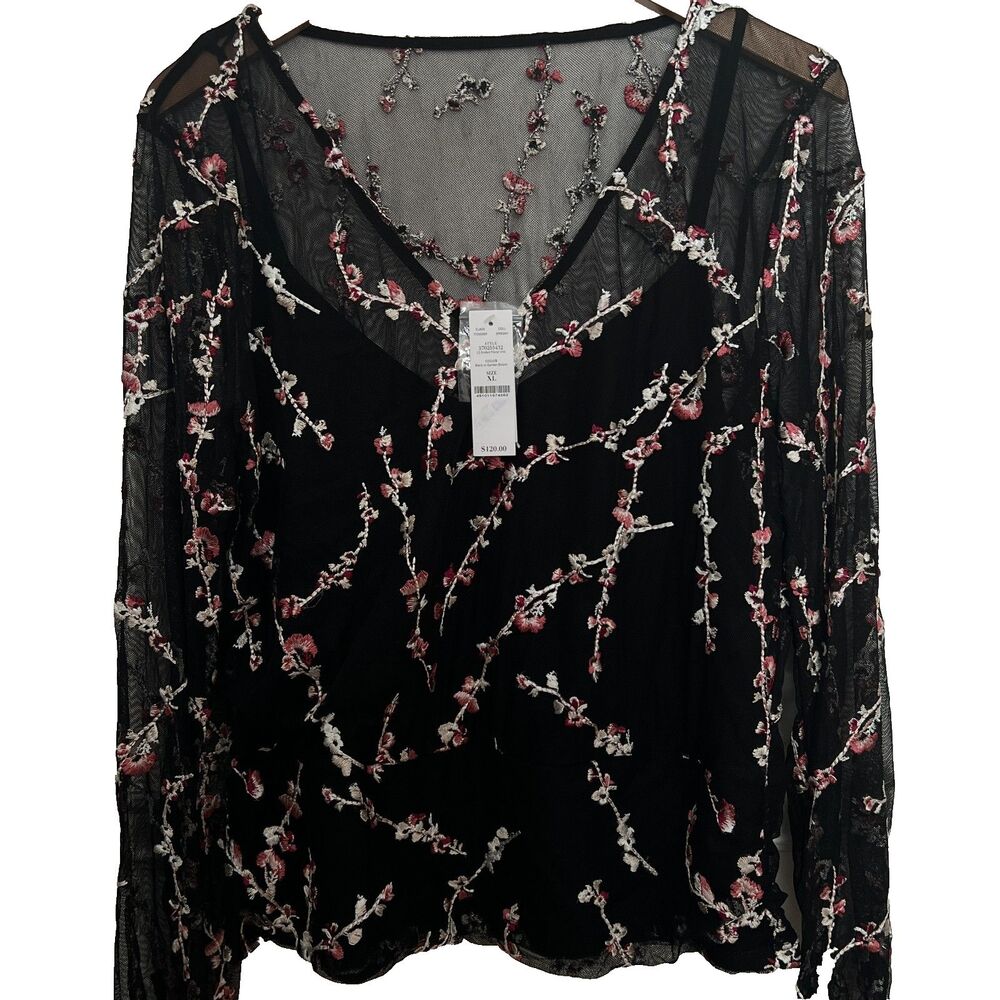 White House Black Market Blouse XL Black Floral Embroidery Mesh NWT